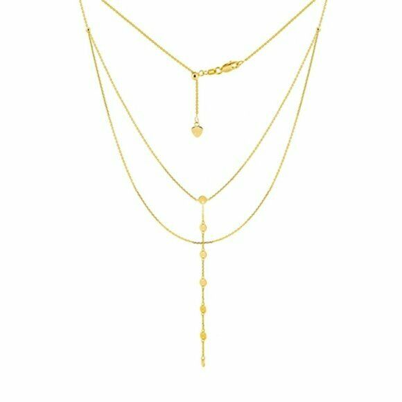 14K Solid Yellow Gold Double Strand Bead Layer Dangle Drop Choker Necklace