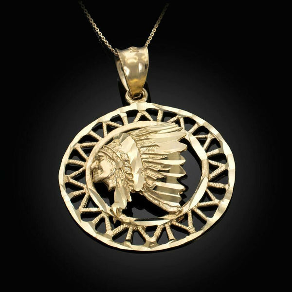 10K Solid Gold Apache Openwork Pendant Necklace - Yellow, Rose, or White