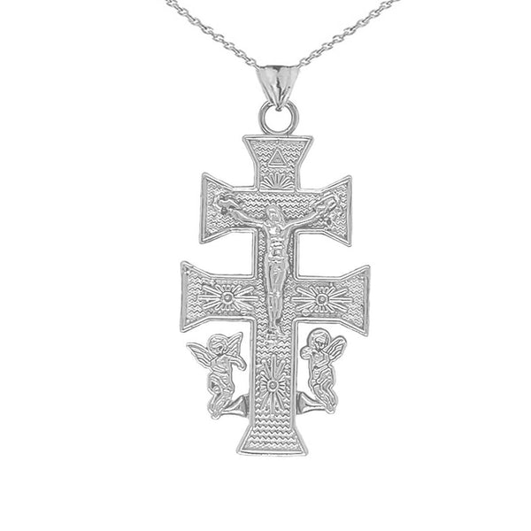 925 Sterling Silver Caravaca Double Cross With Angels Crucifix Pendant Necklace