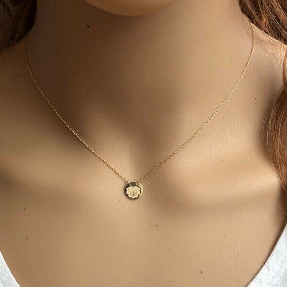 14K Solid Gold Mini Disk Etched Shell Dainty Necklace - Minimalist
