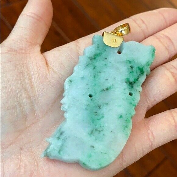 14K Large Real Gold Natural Jadeite Jade Carved Dragon Pendant 706 Heavy Thick