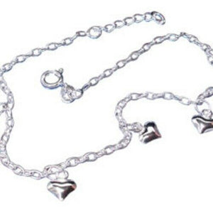 NWT Fine Sterling Silver Multi Puff Heart Dangle Ankle Bracelet Anklet 9-10" adj