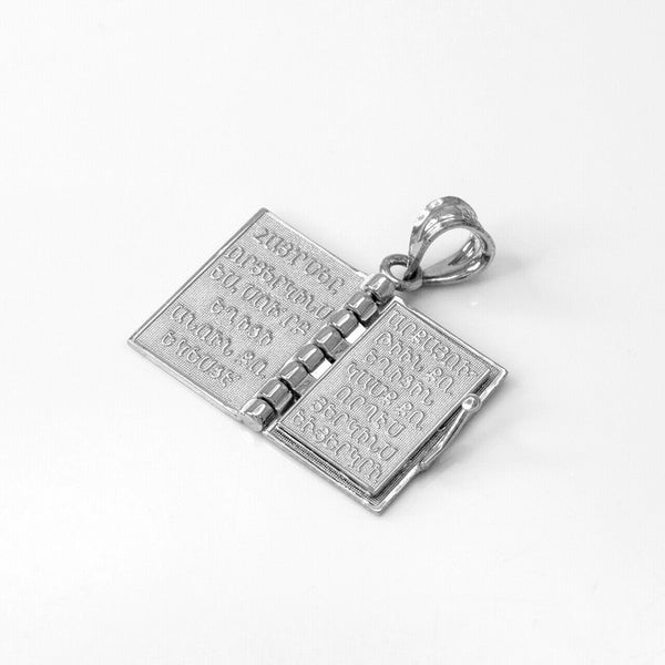 Sterling Silver 3D Armenian Holy Bible Book with Lords Prayer Pendant Necklace