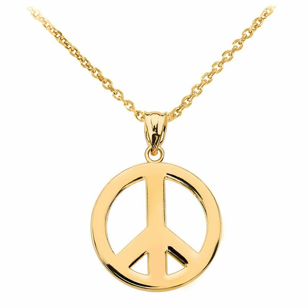 14k Solid Yellow Gold Boho Peace Sign Charm Pendant Necklace