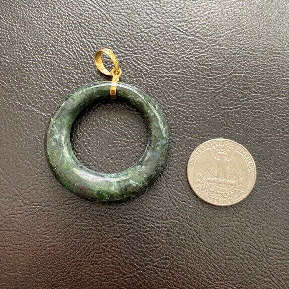 14K Solid Gold Green Large Round Natural Jade Pendant Necklace