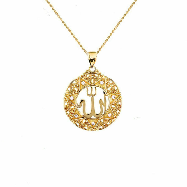 Solid 10k Yellow Gold Diamond Filigree Round Allah Pendant Necklace Small