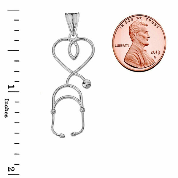 10k Solid White Gold Stethoscope Heart Pendant Necklace 16" 18" 20" 22"