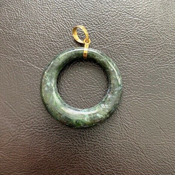 14K Solid Gold Green Large Round Natural Jade Pendant Necklace