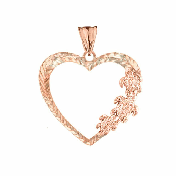 10k Solid Rose Gold Honu Hawaiian Turtles Heart Pendant Necklace