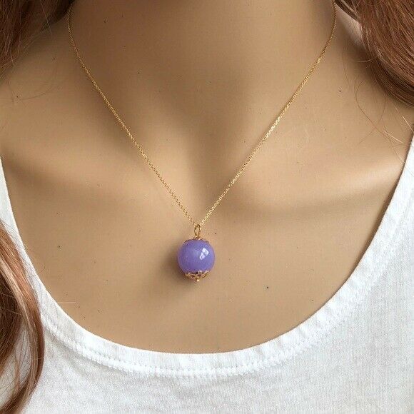14K Solid Gold Round Ball Purple Pendant / Charm Dainty Necklace 16"-18"