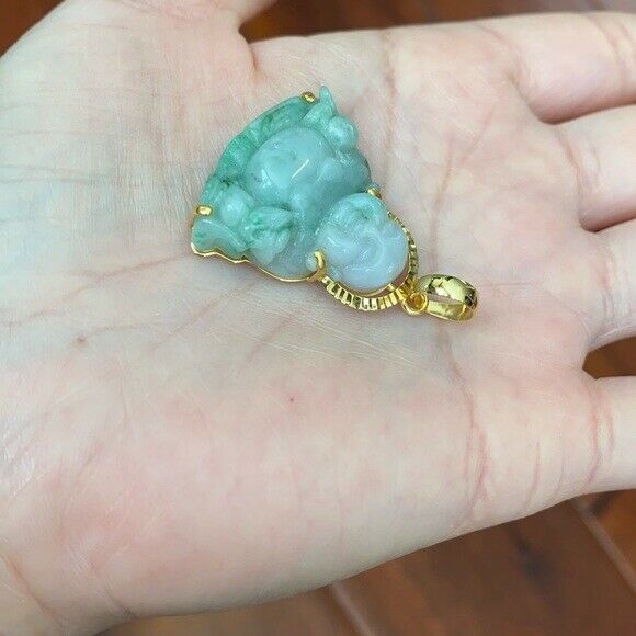 14K Solid Real Gold Natural Jadeite Jade Happy Laughing Buddha Pendant Male