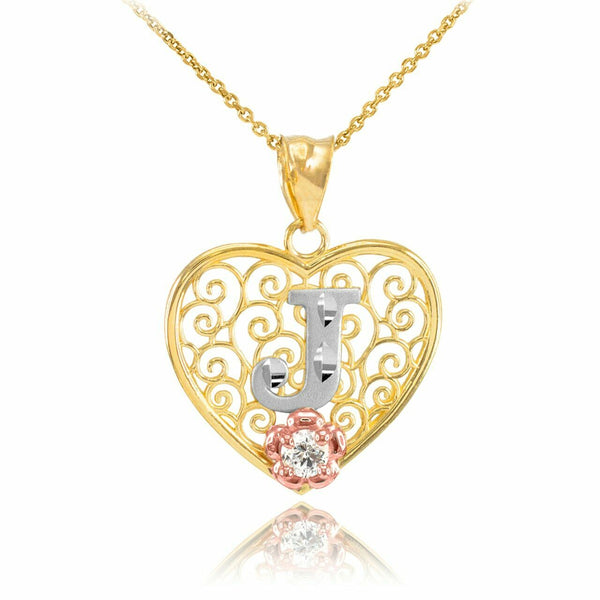 10k Solid Gold Initial Letter J Heart Filigree CZ Pendant Necklace