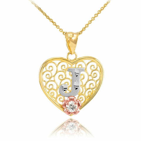 10k Solid Gold Initial Letter J Heart Filigree CZ Pendant Necklace