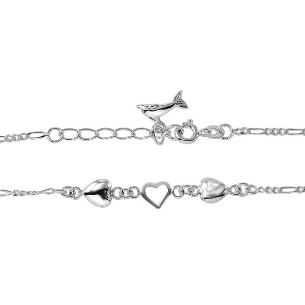 NWT 925 Sterling Fine Silver Hearts Anklet Dangling Dolphin 9"-10" Adjustable