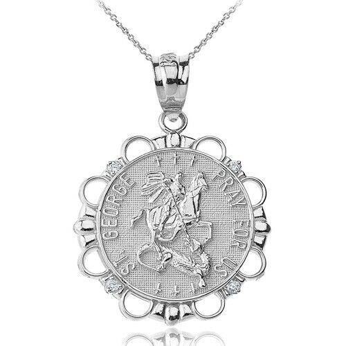 925 Sterling Silver CZ St. Saint George Pray For Us Circle Pendant Necklace