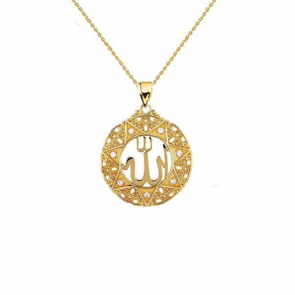 Solid 14k Yellow Gold Diamond Filigree Round Allah Pendant Necklace Small