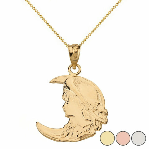 10k Solid Yellow Gold Art Nouveau Lady in Crescent Moon Pendant Necklace