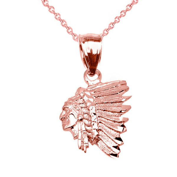 14K Solid Gold Native American Indian Head Pendant Necklace -Yellow Rose White