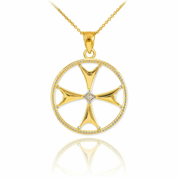 10k Solid Yellow Gold Diamond Maltese Cross Pendant Necklace 16" 18" 20" 22"