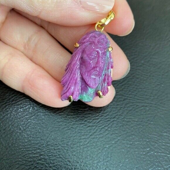 14K Real Solid Gold Natural Ruby Carved Jesus Christ Head Pendant Charm