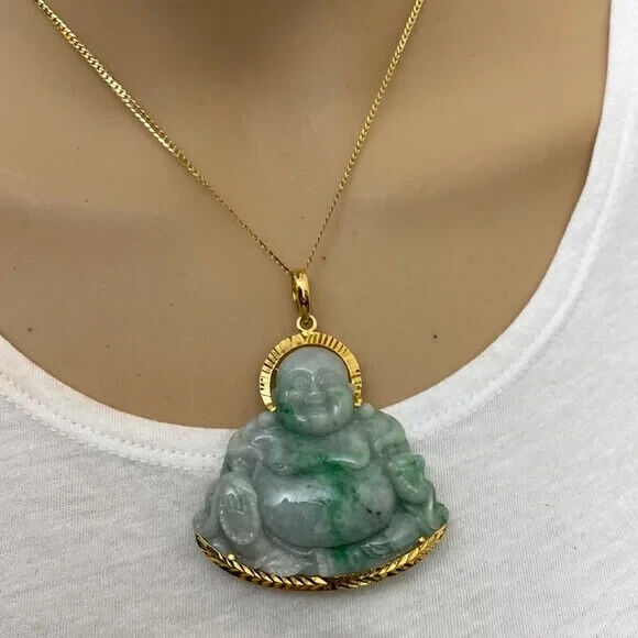14K Solid Gold Laughing Buddha Buddist Genuine Carving Jade Pendant Large Heavy