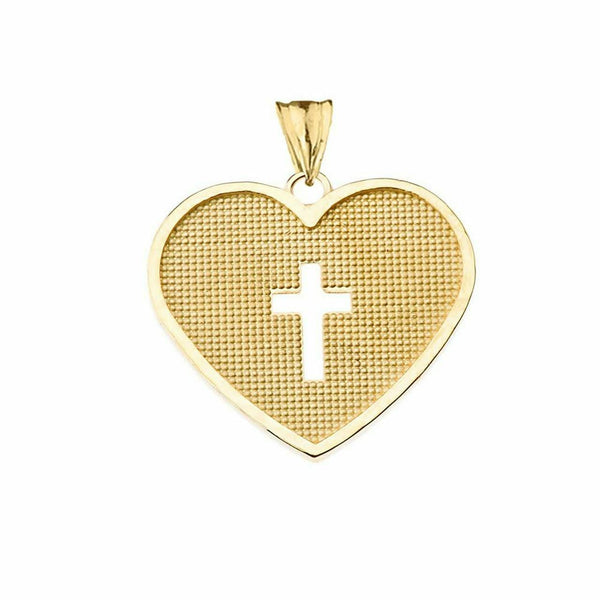 Solid Yellow Gold 10K Hammered Heart With open Cross Pendant Necklace