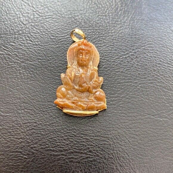 14K Solid Gold Guanyin Kwan Yin Female Buddha Natural Red Jade Pendant