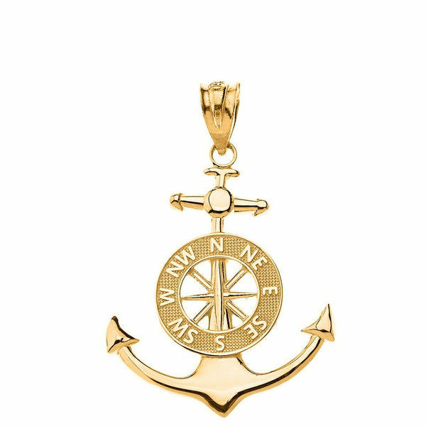 10K Solid Yellow Gold Mariner's Anchor Compass Pendant Necklace
