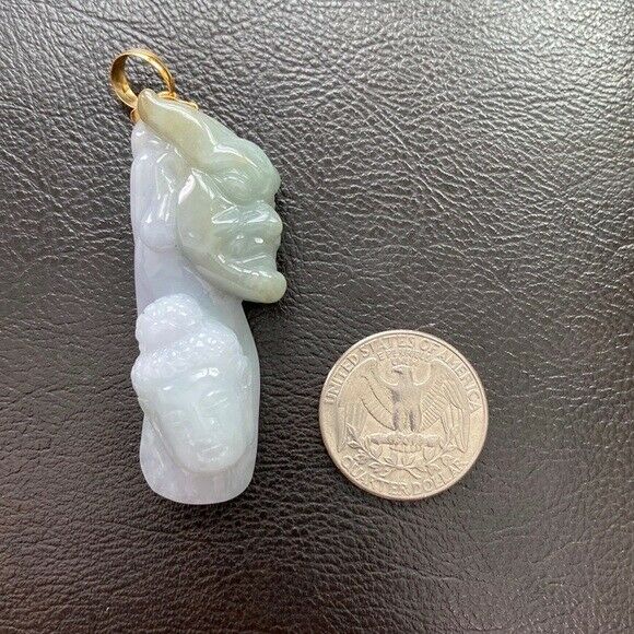 14K Solid Real Gold Natural Jadeite Jade Carving Good Evil Buddha Pendant