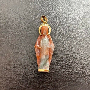 14K Solid Gold The Blessed Virgin Mary Carved Natural Red Jade Pendant