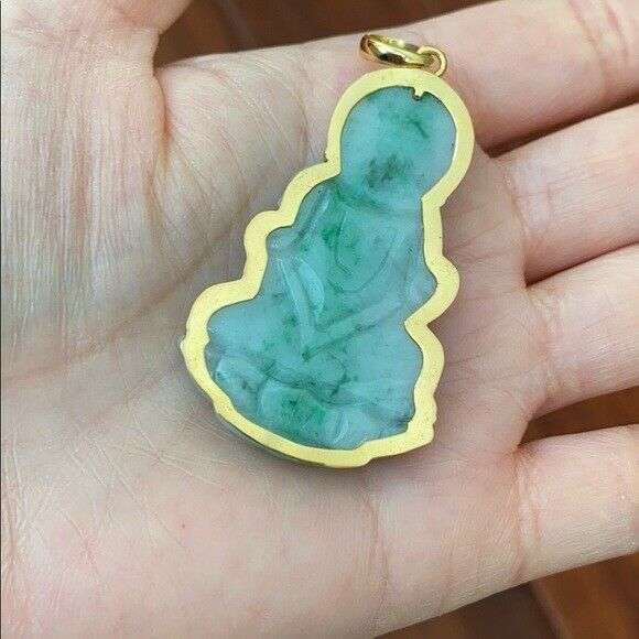 14K Solid Real Yellow Gold Natural Jadeite Jade Kwan Yin Lady Buddha Pendant 702