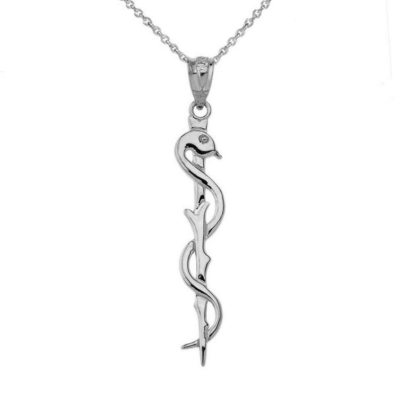 10k 14k Solid Gold Asclepius medicine Symbol Pendant Necklace Yellow White Rose