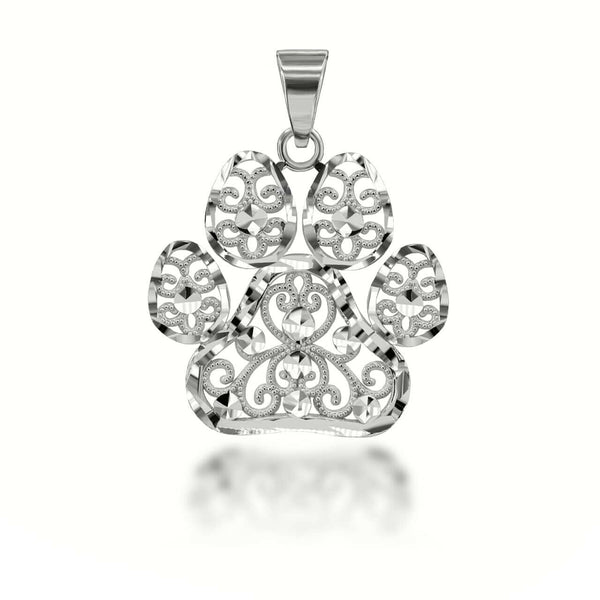 925 Sterling Silver Sparkle Cut Filigree Paw Print Pendant Necklace