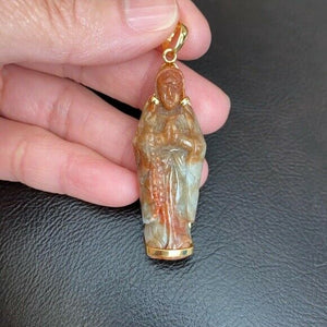 14K Solid Gold The Blessed Virgin Mary Prayer Carved Natural Red Jade Pendant