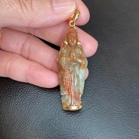 14K Solid Gold The Blessed Virgin Mary Prayer Carved Natural Red Jade Pendant