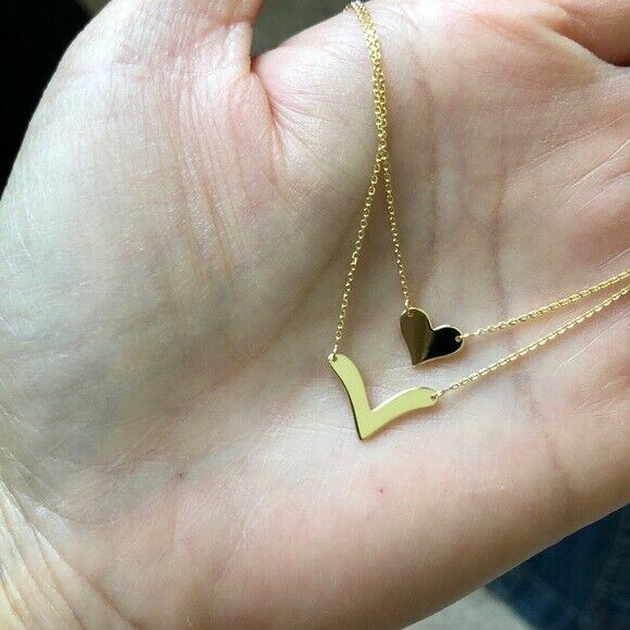 14K Solid Yellow Gold Layer Duo Heart and V Necklace 16"-18" adjust