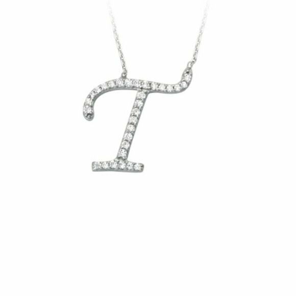 925 Sterling Silver CZ Initial Letter T Necklace Adjustable 16"-18" All Letter