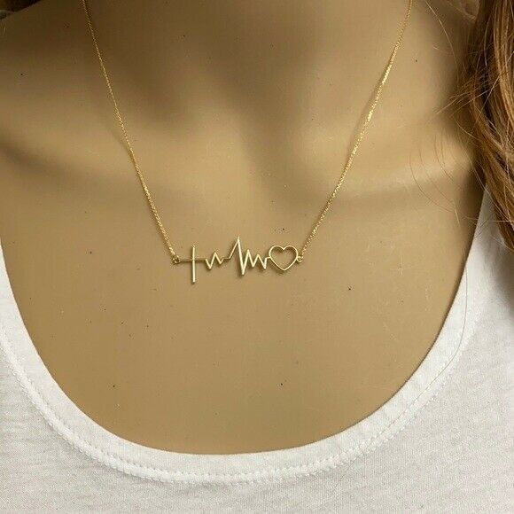 14k Solid White Gold Heart Beat Heartbeat with Cross Pendant Necklace