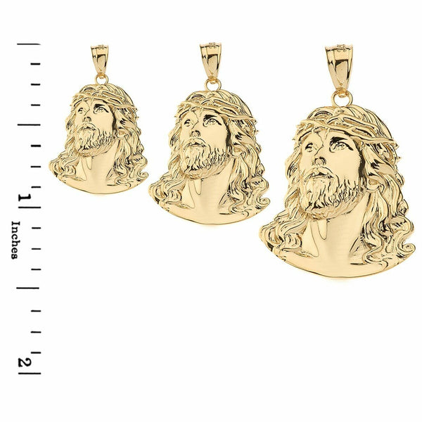 14k Yellow Gold Jesus Face Head With Crown Of Thorns Pendant Necklace (S, M, L)
