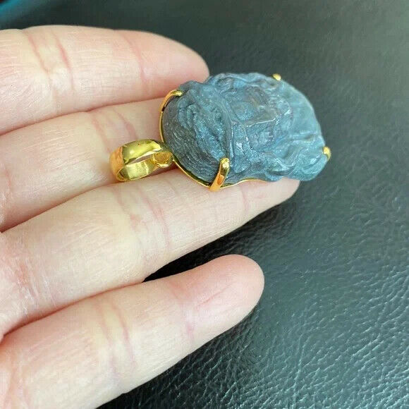 14K Real Solid Gold Natural Sapphire Carved Jesus Christ Head Face Pendant Large