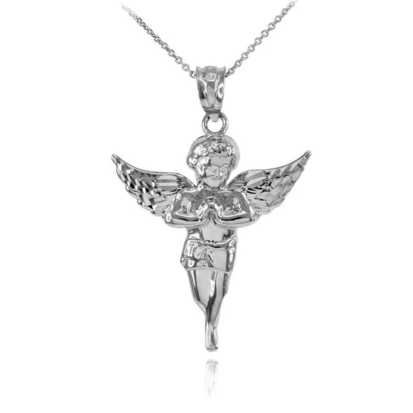 14k Solid White Gold Diamond Cut Angel Small Pendant Necklace