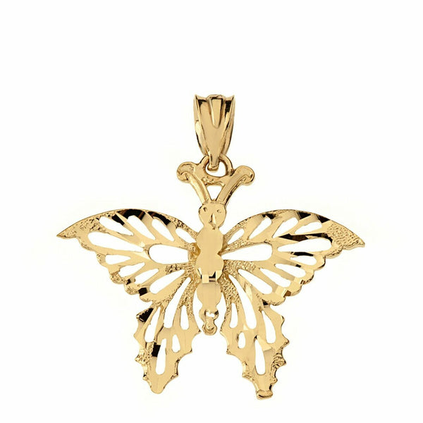 10k 14k Solid Gold Filigree Diamond Cut Butterfly Charm Pendant Necklace