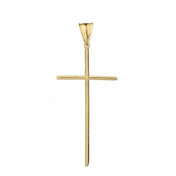 14k Solid Yellow Gold Dainty Thin Simple Long Cross Pendant Necklace