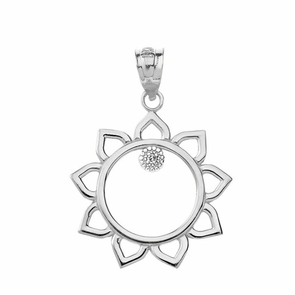 Solid Gold Yellow White Rose Diamond Sunflower Outline Openwork Pendant Necklace