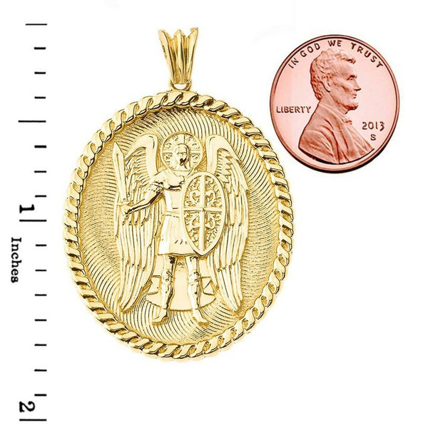 14k Solid Gold St. Saint Michael Protect Us Pendant Oval Yellow White Rose