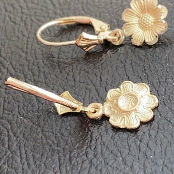 14k Solid Yellow Gold Sunflower Diamond Cut Leverback Earrings Set