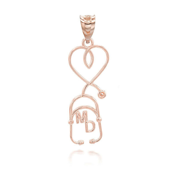 10K Solid Gold Medical Doctor MD Heart Stethoscope Pendant Necklace
