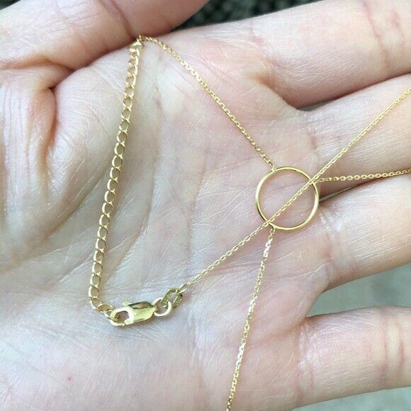 14K Solid Yellow Gold Dangle Drop Hawley St. Circle Disk Disc Lariat Necklace