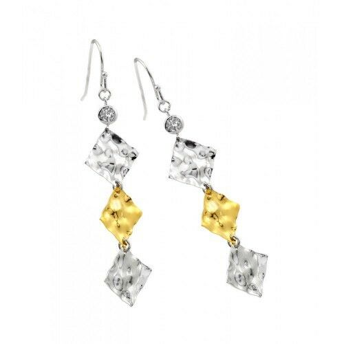 Sterling Silver 925 Rhodium Plated Gold and Clear Square Dangling Hook Earrings