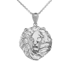 10K Solid Fine White Gold Men's Textured Lion Head Small Pendant Necklace